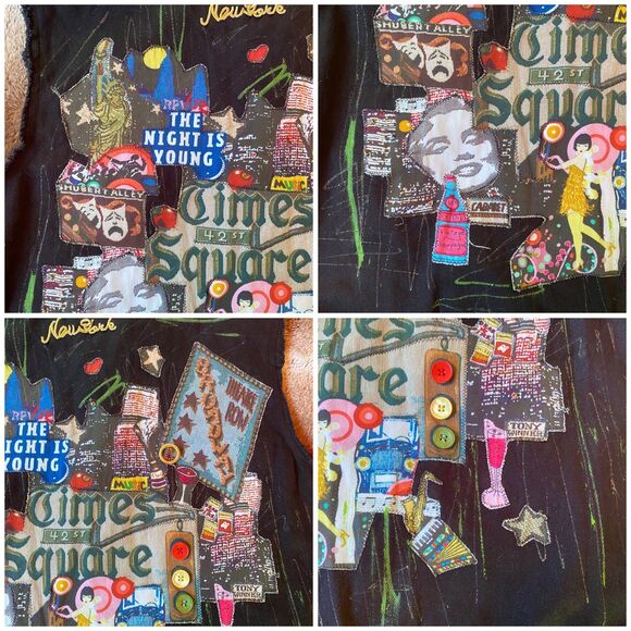 Jane Elissa unique cut off sleeves Patch vest black denim jacket size xl - Picture 12 of 12